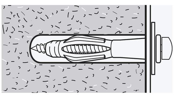 Un croquis d’une vis qui a été vissée dans un mur fait d’un matériau solide comme de la brique. La vis a été insérée dans une cheville.