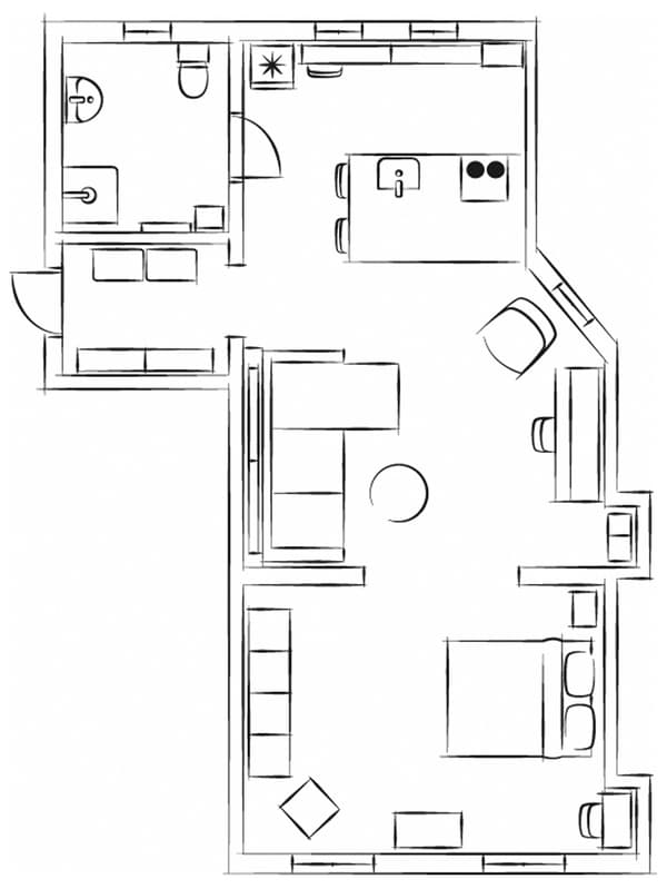 Un croquis en blanco y negro, tipo plano, que muestra la distribución de un departamento.