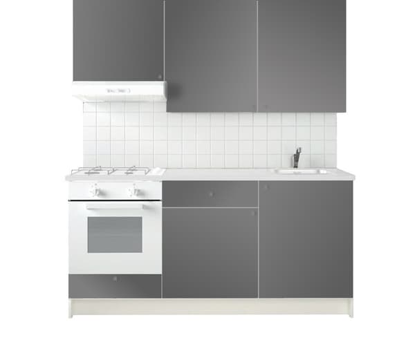 Un cucina completa KNOXHULT grigio bianca composta da mobile base con ante, cassetti, piano di lavoro e pensile con ante. 