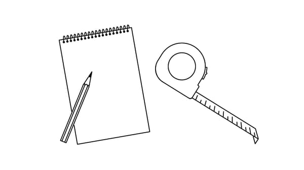Un dessin d'un crayon, d'un cahier et d'un mètre pour mesurer.