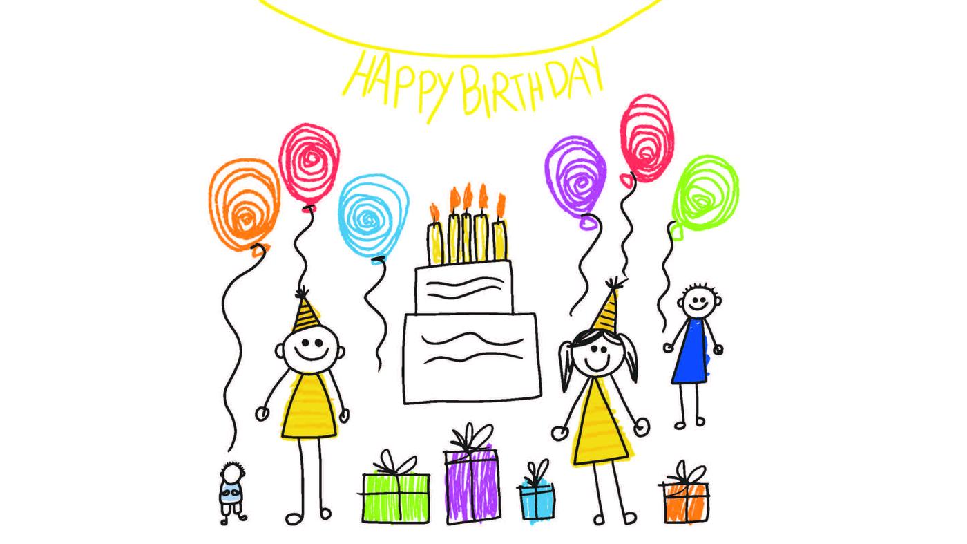 Un disegn di una festa compleanno con dei bambini, dei palloncini, una torta e i regali di compleanno.