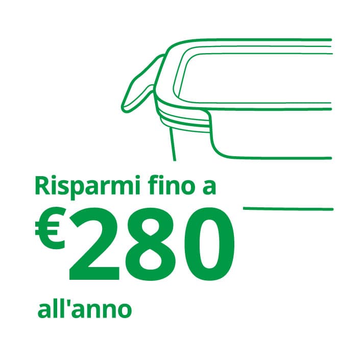 Un disegno di un contenitore dalle righe verdi e con sotto la scritta "Risparmi fino a 280 euro all'anno".