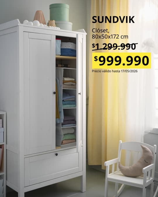 Un dormitorio infantil con un clóset SUNDVIK con su precio promocional de $999.990 hasta el 10 de mayo.