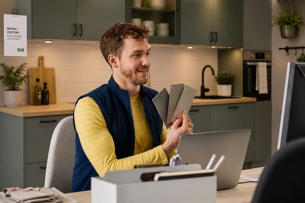Un ejecutivo de cocinas IKEA mostrando diferentes colores de gris.