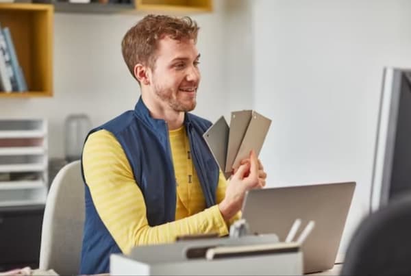 Un ejecutivo de cocinas IKEA mostrando diferentes colores de gris.