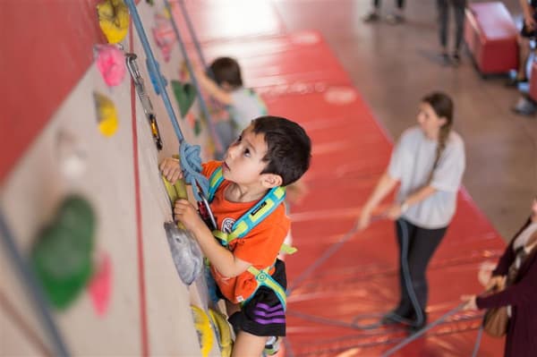 Un enfant fait de l'escalade.