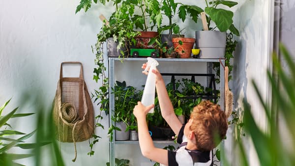 Un enfant se tient devant une étagère HYLLIS contenant des plantes en pot. Il pointe un vaporisateur dans leur direction.