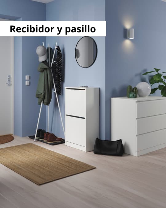 Un entrada con un zapatero de dos espacio de IKEA y un perchero.