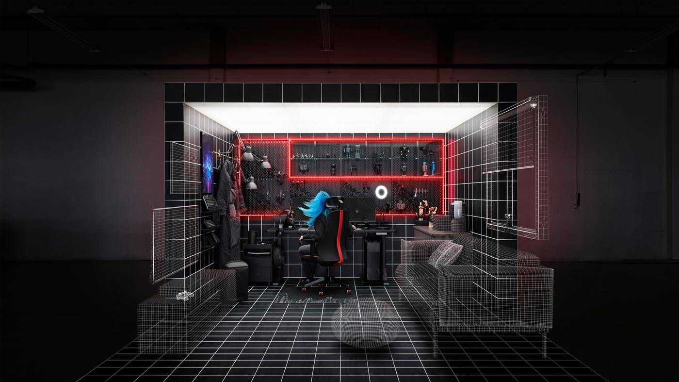 Un espace gaming complet dans un cube en noir et blanc conjuguant éléments réels et virtuels en grille filaire.