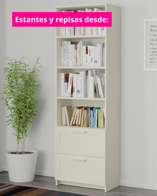 Un estante blanco con libros y carpetas. En la parte superior izquierda de la imagen el texto "Estantes y repisas desde".