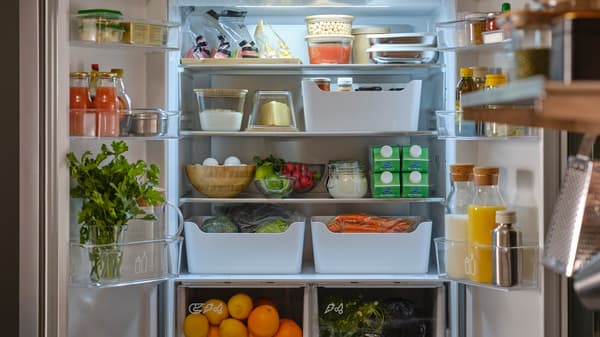 Un frigorifero/congelatore con doppia porta; entrambe le porte sono aperte e all'interno ci sono alimenti in contenitori, scatole, sacchetti richiudibili e caraffe.