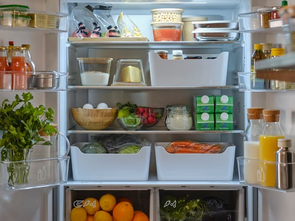 Un frigorífico/conxelador con dúas portas, ambas abertas, para amosar alimentos dentro de recipientes, caixas, botes, bolsas con peche reutilizables e botellas.