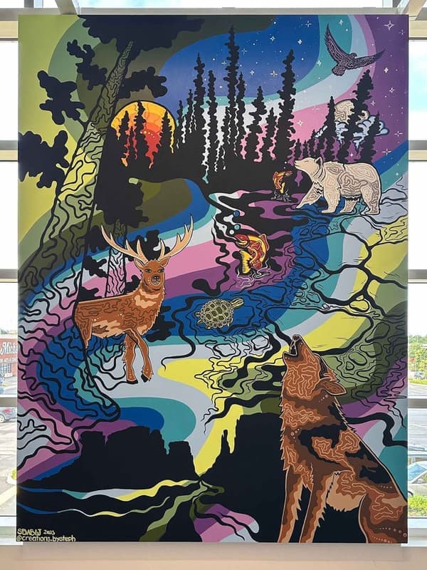 Un gros plan d’une murale colorée. 