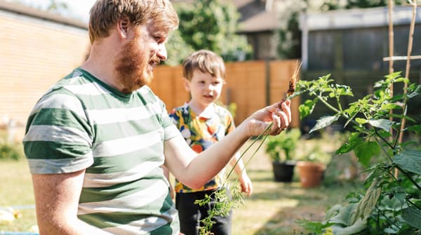 Un homme barbu et vêtu d’un T-shirt à rayures montre à son tout-petit des plantes dans le jardin.