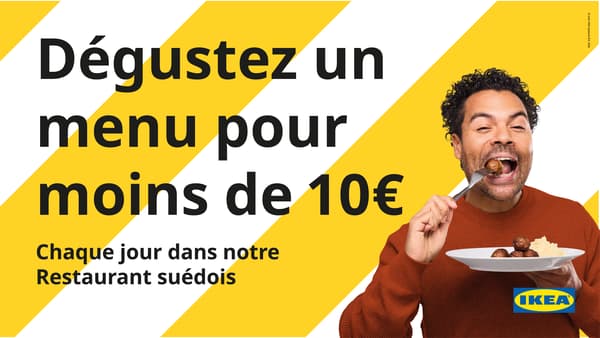 Un homme déguste des boulettes IKEA. Texte de l'image : 