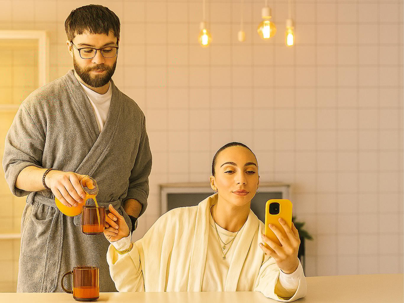 Un homme en peignoir verse une boisson dans une tasse tandis qu'une femme en peignoir regarde son téléphone portable avec un étui jaune sur le comptoir de la cuisine.