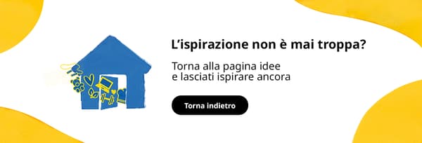 Un' illustrazione con una casetta blu da cui escono diversi oggetti e a cui lati ci sono delle macchie gialle. 