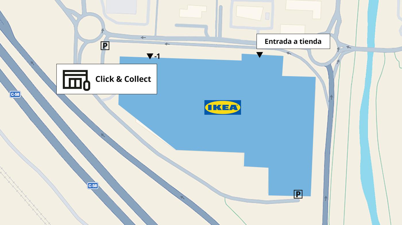 Un mapa de IKEA Sabadell, con su característico edificio azul. Destaca el punto Click & Collect y la entrada a la tienda.