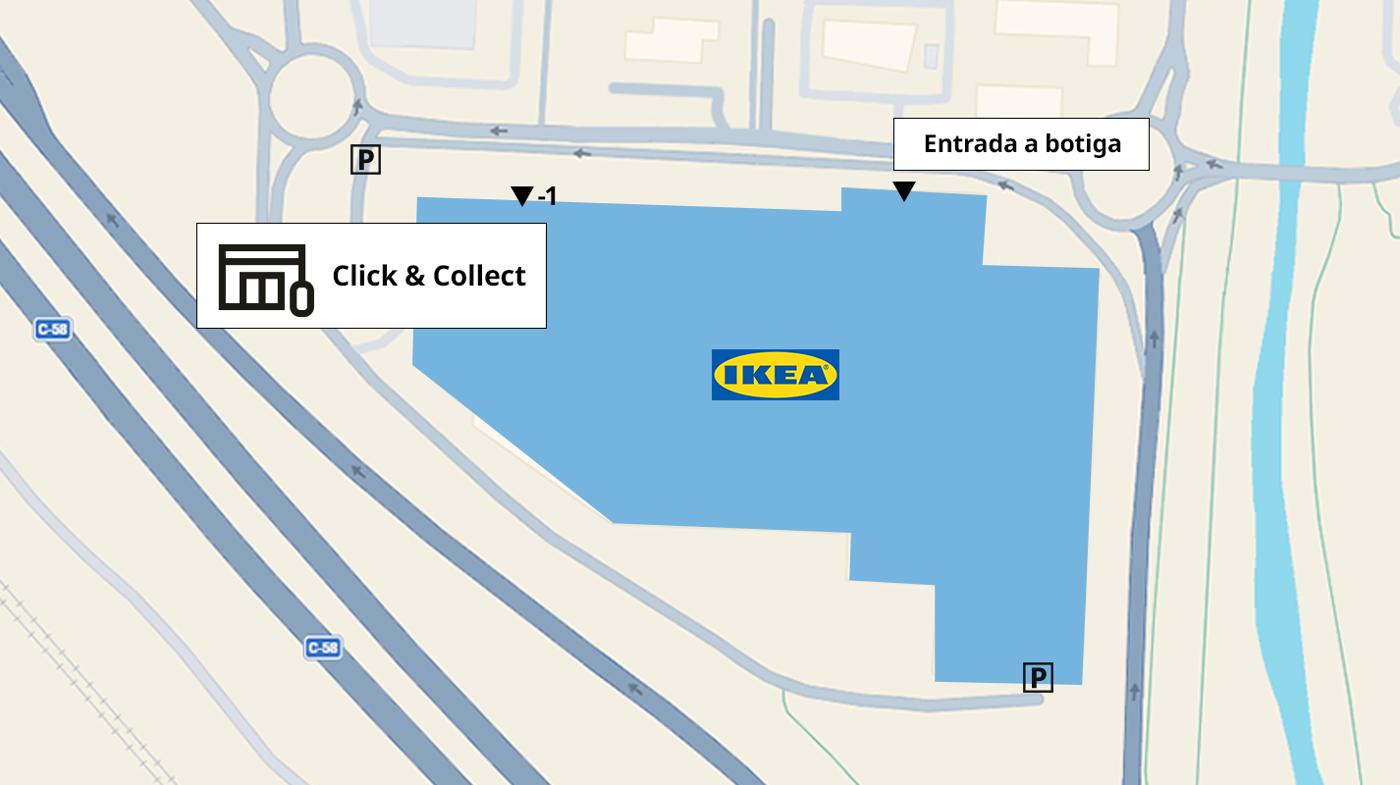 Un mapa d'IKEA Sabadell, amb el seu característic edifici blau. Destaca el punt Click & Collect i l'entrada a la botiga.