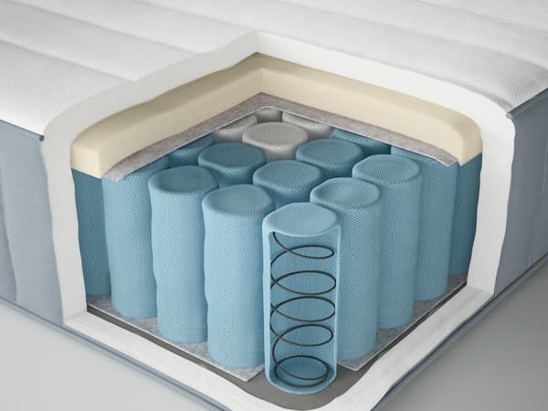 Un materasso a molle insacchettate VALEVÅG extra rigido/azzurro con un angolo tagliato per mostrare le molle sotto a uno strato di memory foam.