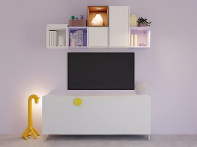  Un meuble TV haut qui maximise l’espace de rangement, mêlant rangements ouverts et des couleurs douces pour offrir une solution élégante 