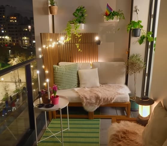 Un mini salon d'extérieur décoré d'une guirlande lumineuse