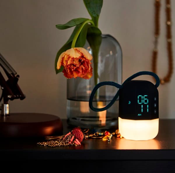 Un mobile sui cui si trovano un vaso con all'interno un fiore appassaito, una sveglia con una luce accesa e una collana appoggiata.