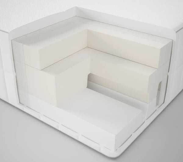 Un modelo de la esquina de un colchón de espuma blanca que muestra la capa de espuma que contiene en su interior.