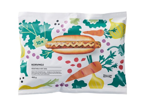 Un paquet de hot-dogs avec des dessins de légumes.