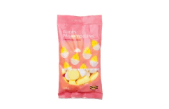 Un paquete rosa de dulces con pollitos amarillos de dibujos animados en una cáscara de huevo en la etiqueta. 
