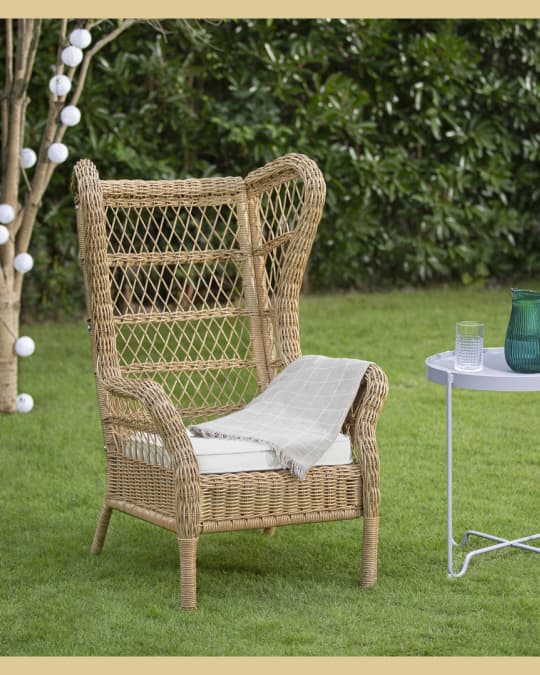 Un patio con pasto con una silla alta de exterior de mimbre.