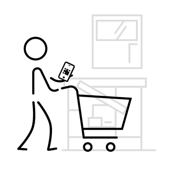 Un pictogramme d’une personne qui pousse un panier et scanne des articles avec un téléphone.