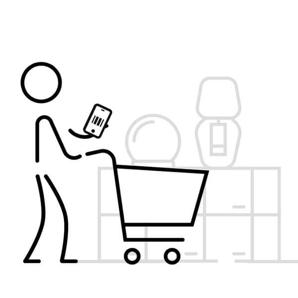 Un pictogramme d’une personne qui pousse un panier et scanne des articles avec un téléphone.