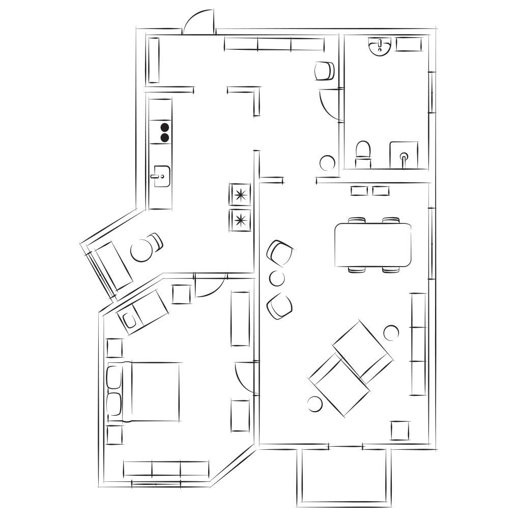 Un plan d'implantation illustré d’un appartement avec une chambre et zone salon et salle à manger combinée.
