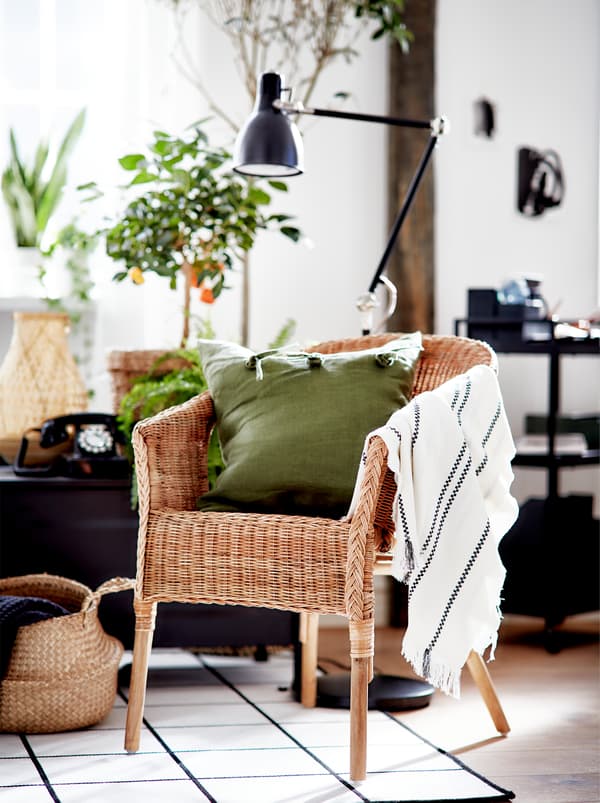 Un salon en noir, blanc et vert avec de grandes plantes, une chaise en rotin AGEN et des accents de matériaux naturels.