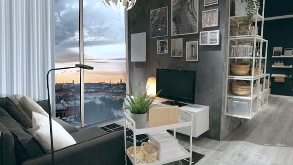 Un salón pequeño y moderno con un ventanal hasta el techo y un mueble de TV flotante
