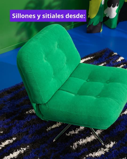 Un sitial verde sobre una alfombra azul con el texto sillones y sitiales desde.