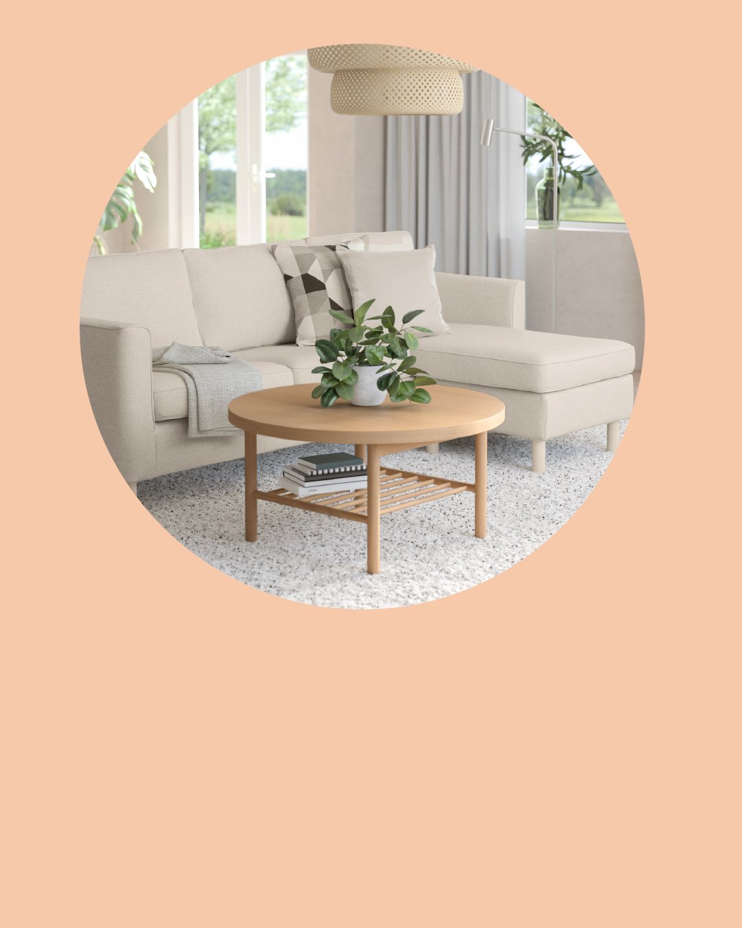 Un sofá en l frente a una mesa de centro de madera en una sala.