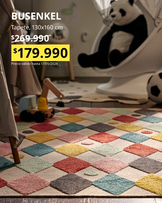 Un tapete BUSENKEL en un dormitorio infantil con su precio promocional de $179.990 hasta el 10 de mayo.