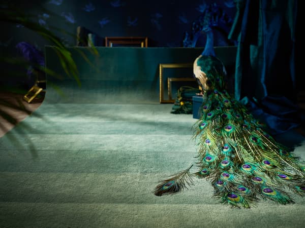 Un tapis avec plusieurs nuances de vert qui  drape avec élégance et a été mis en scène avec un oiseau, un bouquet et un cadre doré dans une lumière douce