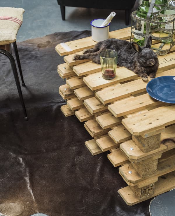 Un tavolino realizzato con i pallet e un tappeto in pelle di mucca.