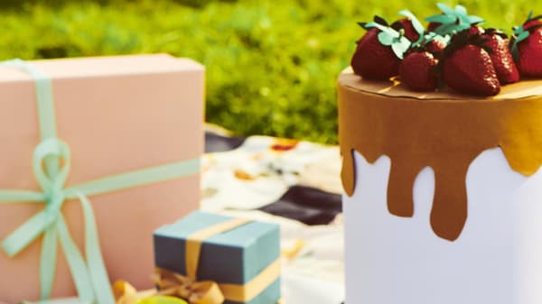 Un torta, dei pacchetti regalo su un telo steso sopra un prato.