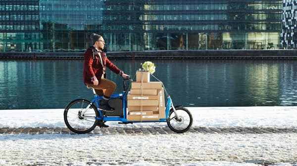 Un uomo in bici lungo il fiume che trasporta in bicicletta i pacchi piatti di IKEA. 