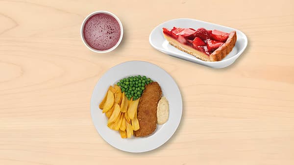 Un vassoio con tre piatti con merluzzo Panato con contorno , crostata alle fragole e bibita alla spina.