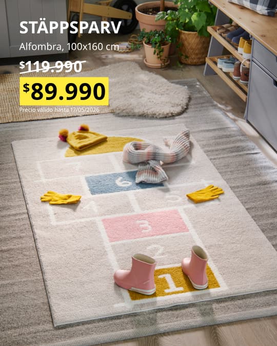 Una alfombra STÄPPSPARV con su precio promocional de $89.990 hasta el 10 de mayo.