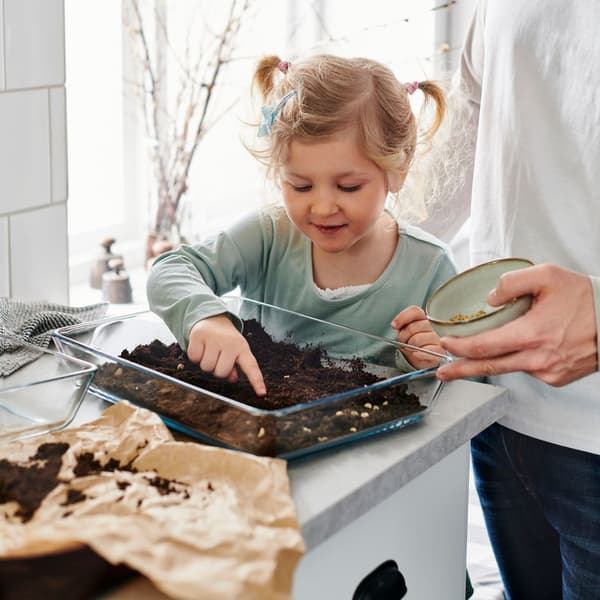 Una bambina mente sta inserendo dei semini in un contenitore di vetro con della terra, aiutata dal padre.