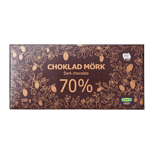 Una barra de chocolate negro CHOKLAD MÖRK 70% en un envoltorio café oscuro.