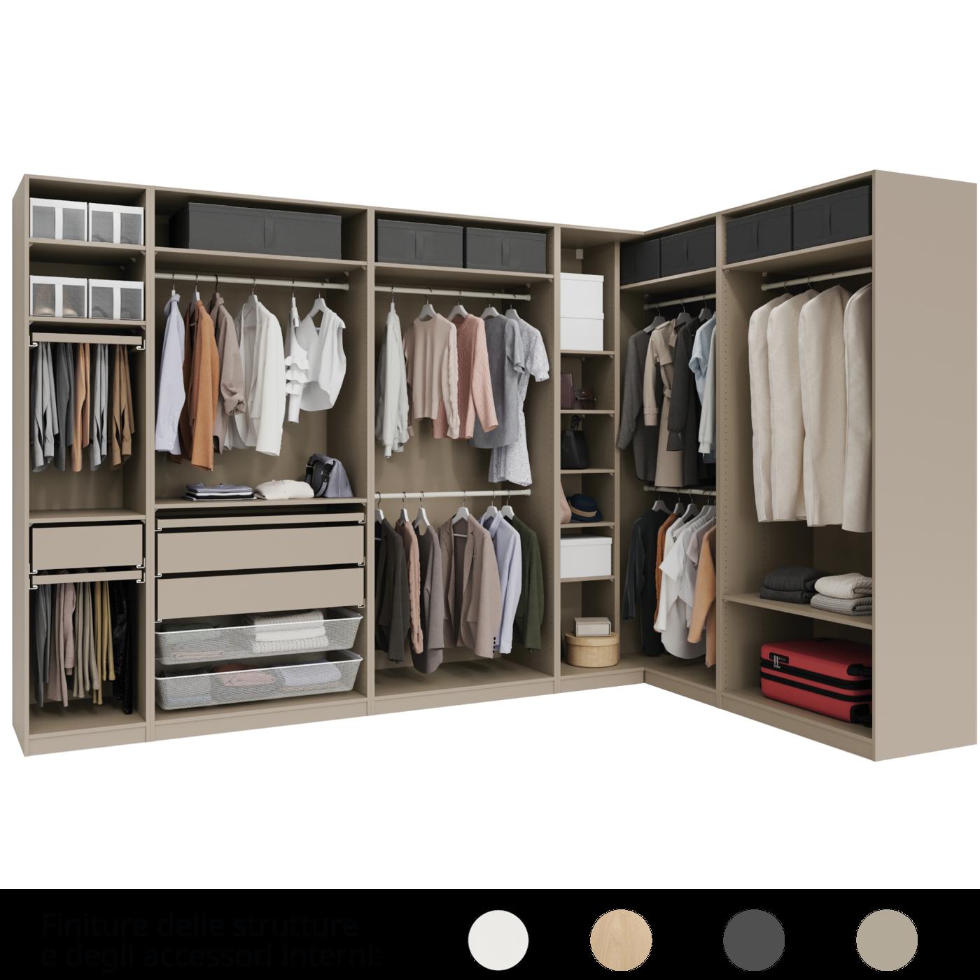 Una cabina armadio arredata con armadi PAX senza ante e con accessori KOMPLEMENT