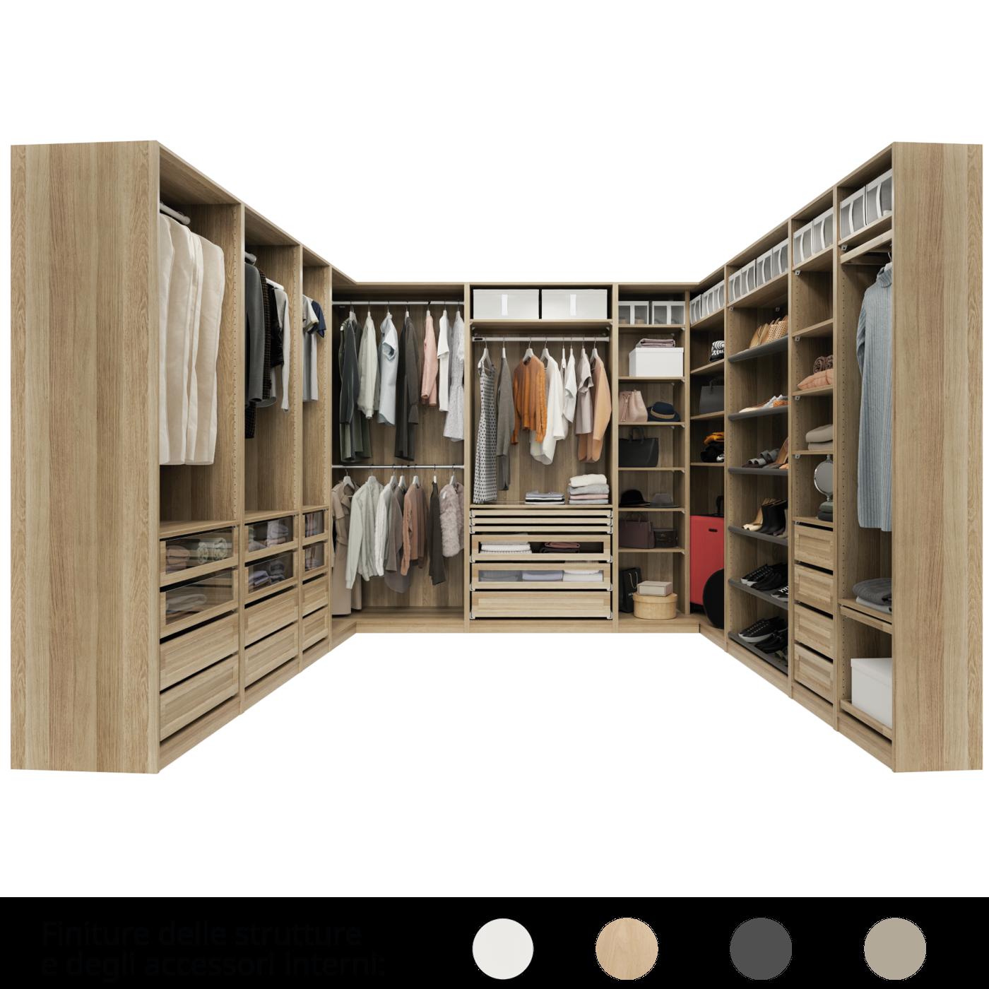 Una cabina armadio arredata con armadi PAX senza ante e con accessori KOMPLEMENT