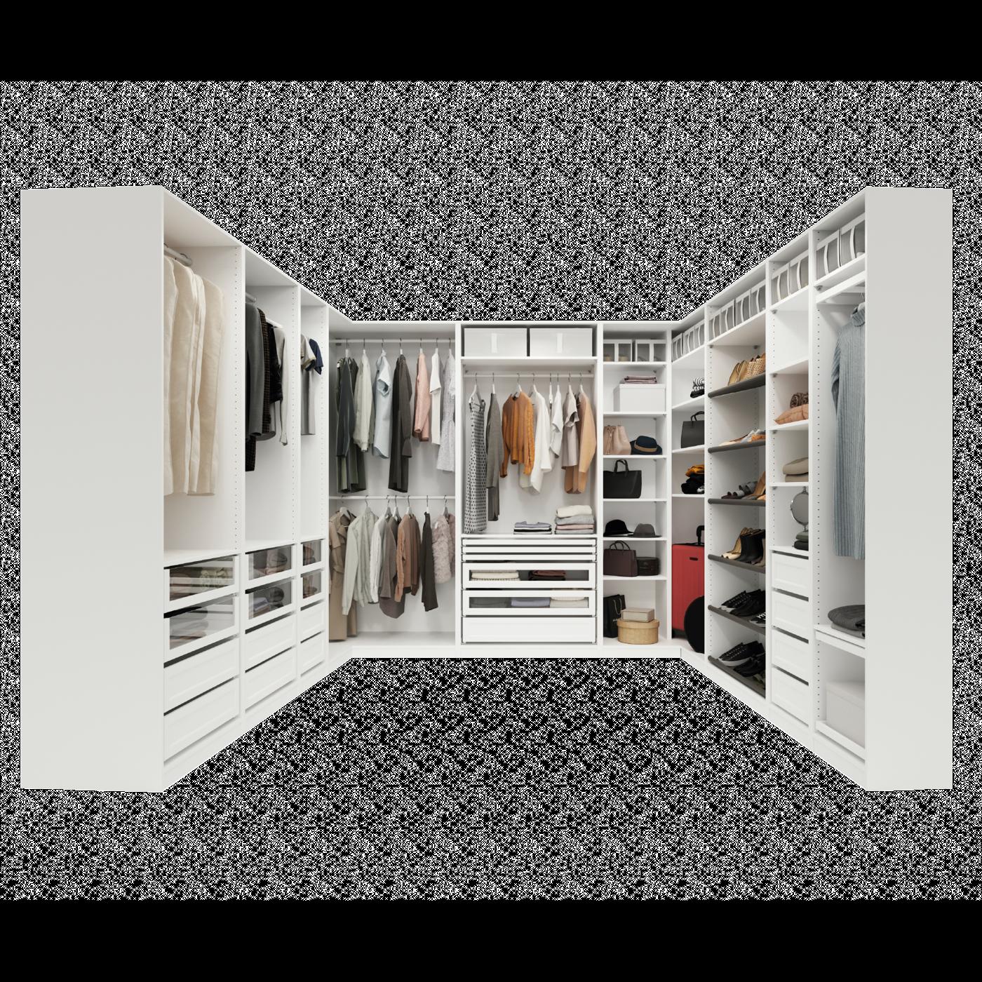 Una cabina armadio arredata con armadi PAX senza ante e con accessori KOMPLEMENT